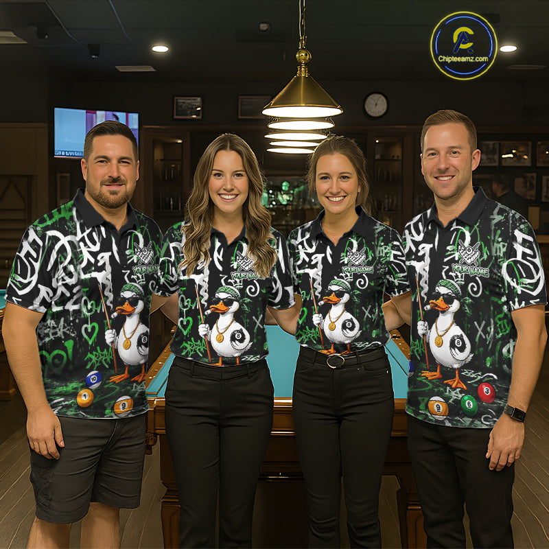 Green Funny Duck Graffiti 8 Ball Billiard Shirt For Women Custom Pool Team Jersey Polo & 1/4 Zip TDM7153