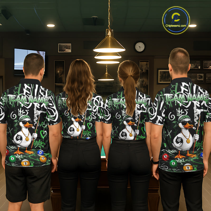Green Funny Duck Graffiti 8 Ball Billiard Shirt For Women Custom Pool Team Jersey Polo & 1/4 Zip TDM7153