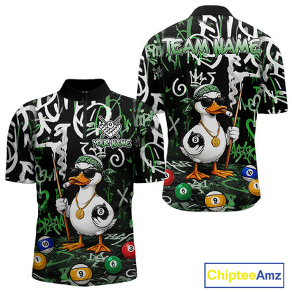 Green Funny Duck Graffiti 8 Ball Billiard Shirt For Men Custom Pool Team Jersey Polo & 1/4 Zip TDM7153