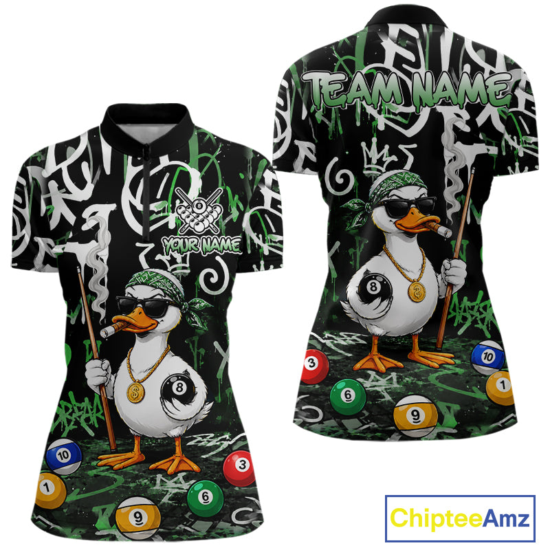 Green Funny Duck Graffiti 8 Ball Billiard Shirt For Women Custom Pool Team Jersey Polo & 1/4 Zip TDM7153