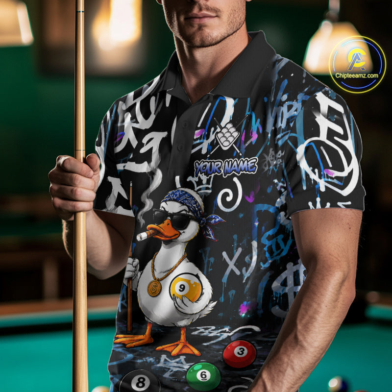 Colorful Graffiti Funny Duck 9 Ball Billiard Shirt For Men Custom Pool Team Jersey Polo & 1/4 Zip TDM7154
