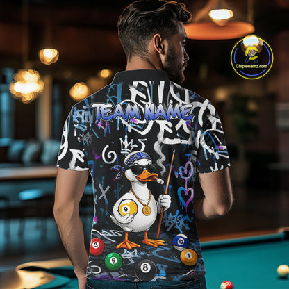 Colorful Graffiti Funny Duck 9 Ball Billiard Shirt For Men Custom Pool Team Jersey Polo & 1/4 Zip TDM7154