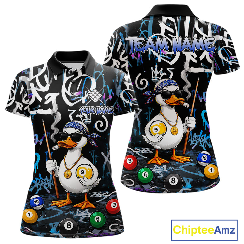 Colorful Graffiti Funny Duck 9 Ball Billiard Shirt For Women Custom Pool Team Jersey Polo & 1/4 Zip TDM7154