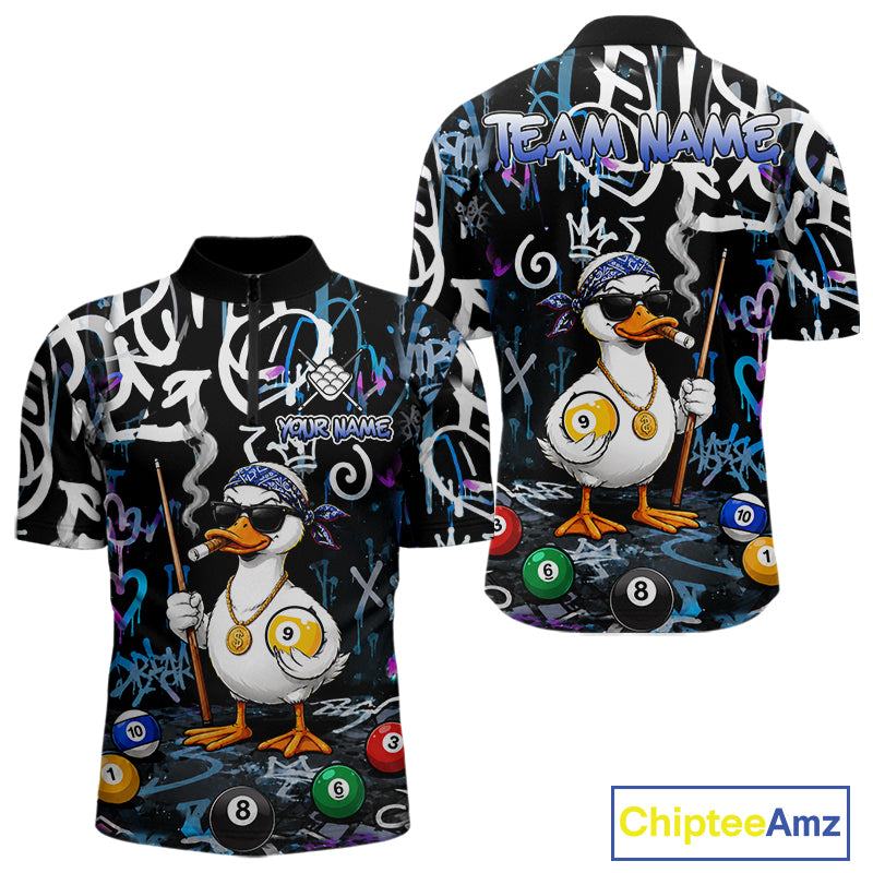 Colorful Graffiti Funny Duck 9 Ball Billiard Shirt For Men Custom Pool Team Jersey Polo & 1/4 Zip TDM7154