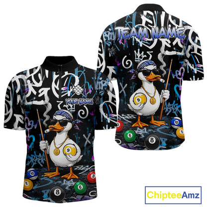 Colorful Graffiti Funny Duck 9 Ball Billiard Shirt For Men Custom Pool Team Jersey Polo & 1/4 Zip TDM7154