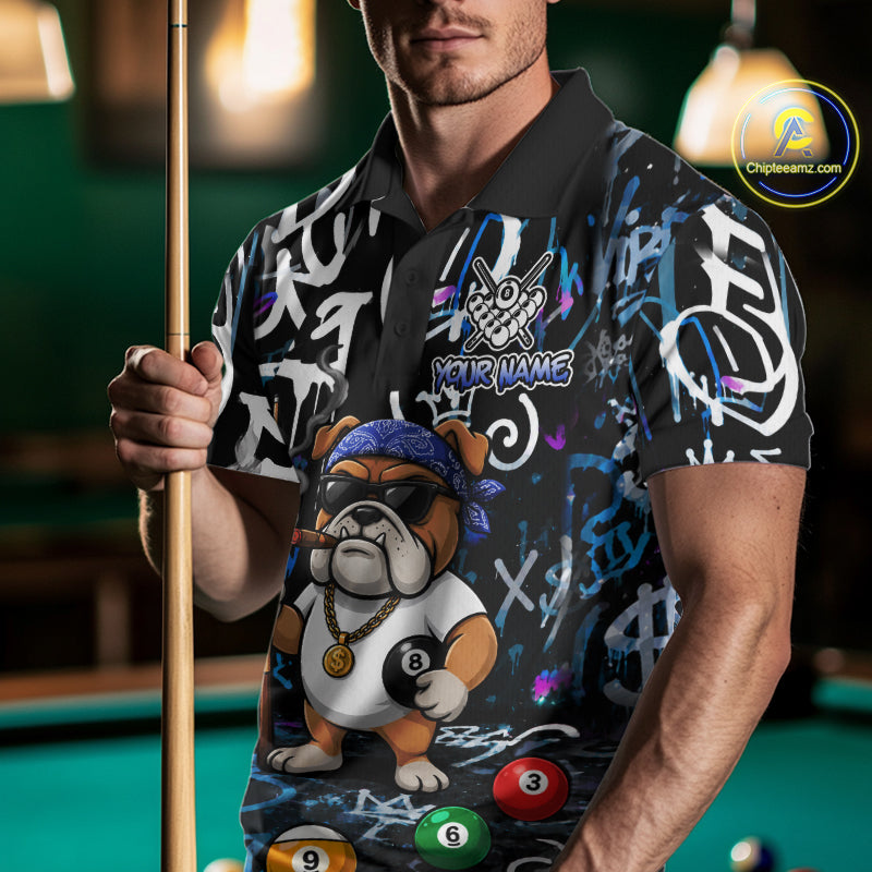 Colorful Graffiti Funny Bulldog 8 Ball Pool Billiard Shirt For Men Custom Billiard Team Jersey TDM7155