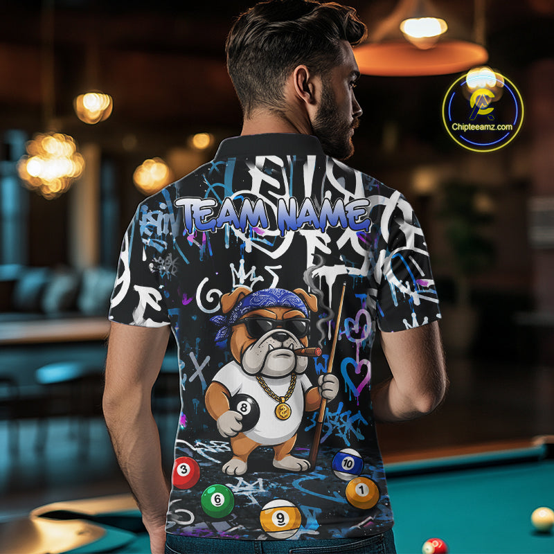 Colorful Graffiti Funny Bulldog 8 Ball Pool Billiard Shirt For Men Custom Billiard Team Jersey TDM7155