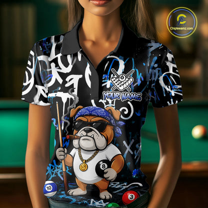 Colorful Graffiti Funny Bulldog 8 Ball Pool Billiard Shirt For Women Custom Billiard Team Jersey TDM7155
