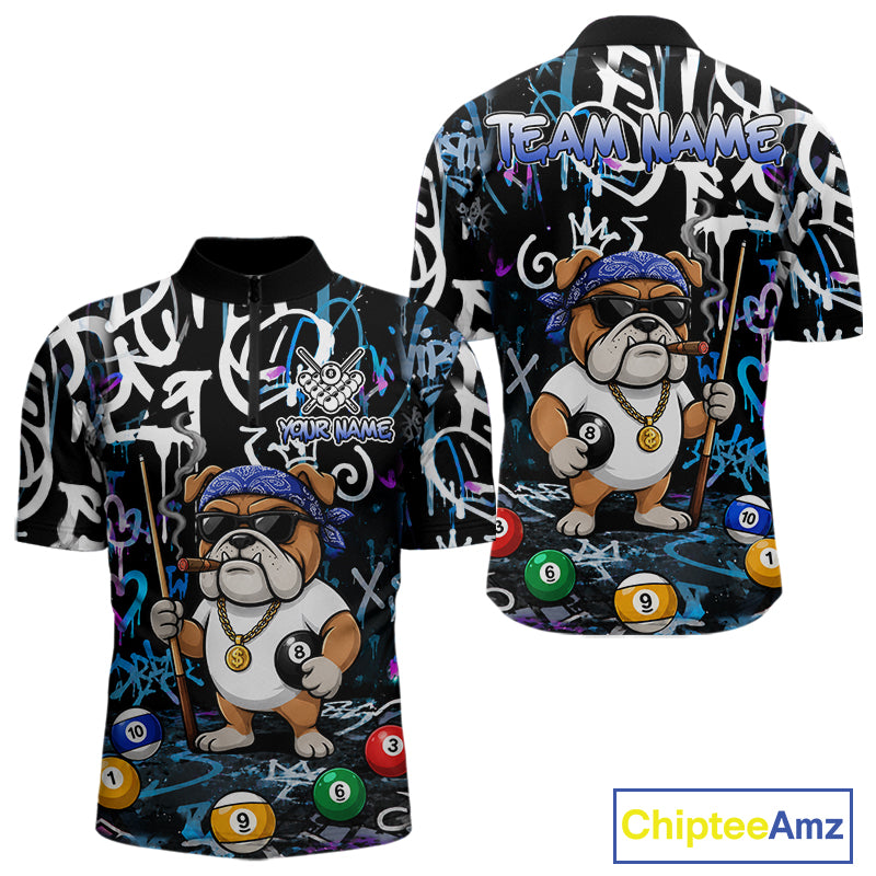 Colorful Graffiti Funny Bulldog 8 Ball Pool Billiard Shirt For Men Custom Billiard Team Jersey TDM7155