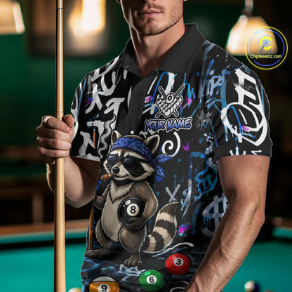 Colorful Graffiti Funny Raccoon 8 Ball Pool Billiard Shirt For Men Custom Billiard Team Jersey TDM7156