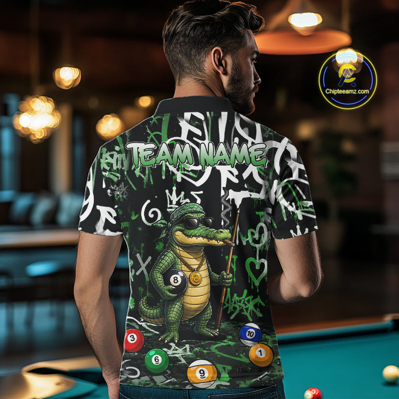 Green Funny Alligator Graffiti 8 Ball Billiard Shirt For Men Custom Pool Team Jersey Polo, 1/4 Zip TDM7157