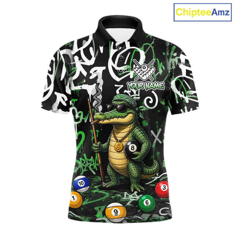 Green Funny Alligator Graffiti 8 Ball Billiard Shirt For Men Custom Pool Team Jersey Polo, 1/4 Zip TDM7157