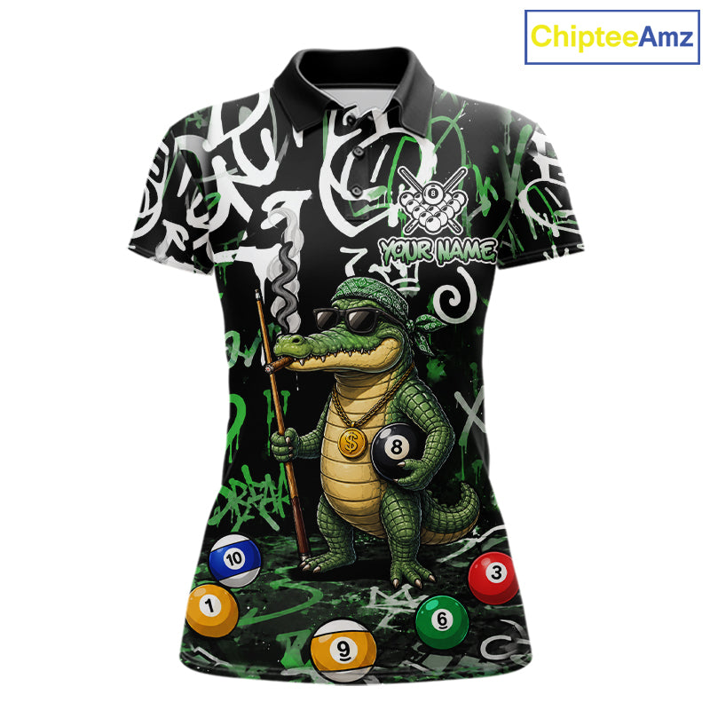 Green Funny Alligator Graffiti 8 Ball Billiard Shirt For Women Custom Pool Team Jersey Polo, 1/4 Zip TDM7157