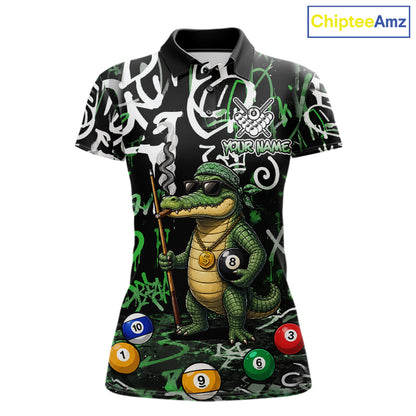 Green Funny Alligator Graffiti 8 Ball Billiard Shirt For Women Custom Pool Team Jersey Polo, 1/4 Zip TDM7157