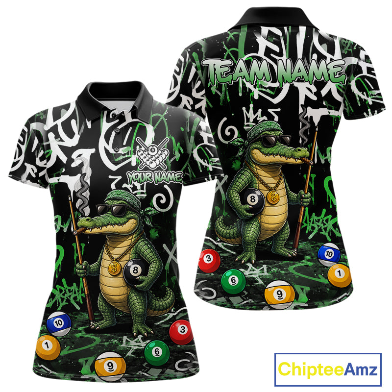 Green Funny Alligator Graffiti 8 Ball Billiard Shirt For Women Custom Pool Team Jersey Polo, 1/4 Zip TDM7157