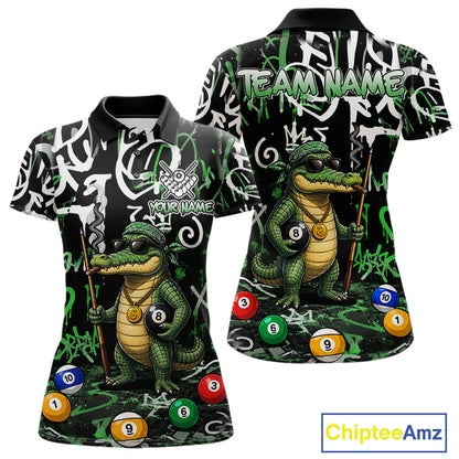 Green Funny Alligator Graffiti 8 Ball Billiard Shirt For Women Custom Pool Team Jersey Polo, 1/4 Zip TDM7157