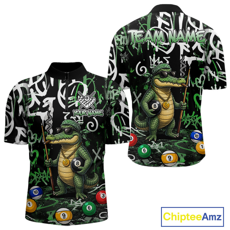 Green Funny Alligator Graffiti 8 Ball Billiard Shirt For Men Custom Pool Team Jersey Polo, 1/4 Zip TDM7157