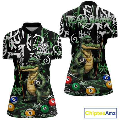 Green Funny Alligator Graffiti 8 Ball Billiard Shirt For Women Custom Pool Team Jersey Polo, 1/4 Zip TDM7157