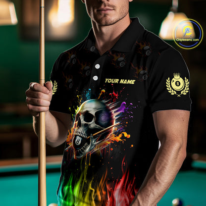 Funny Billiard Colorful Skull Personalized Men Polo Shirts, Custom Team Name Billiard Attire TDM1066
