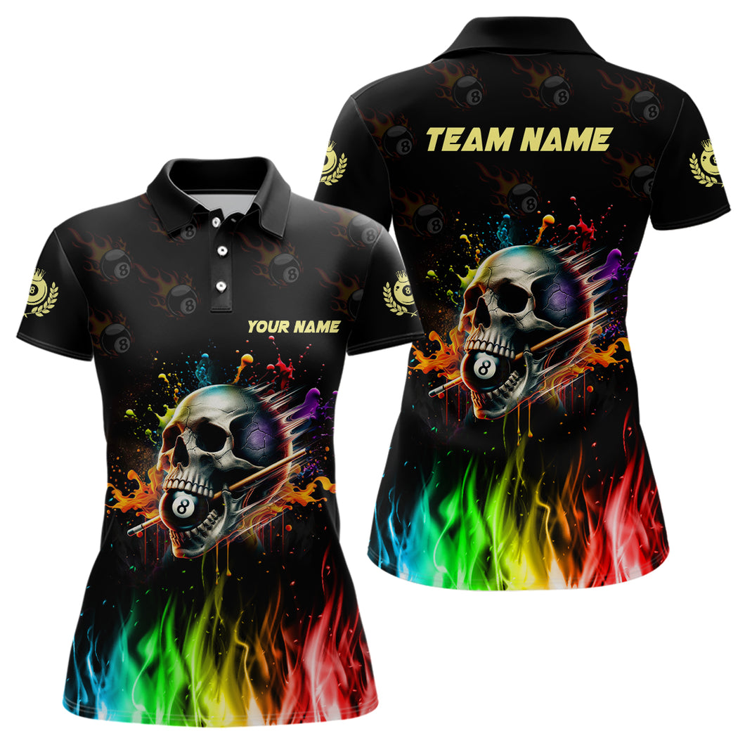 Funny Billiard Colorful Skull Personalized Women Polo Shirts, Custom Team Name Billiard Attire TDM1066