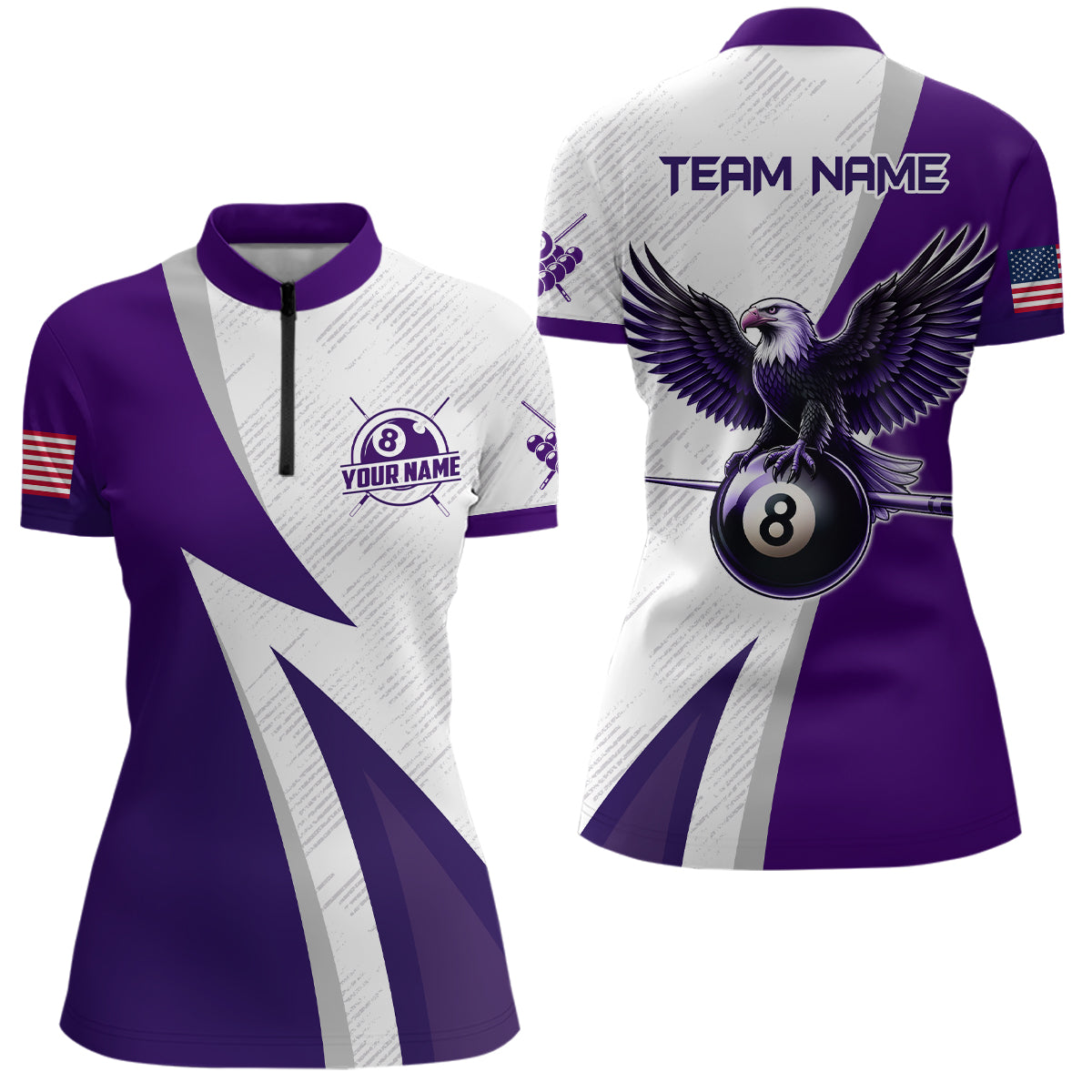 Personalized Purple Billiards Pool Women Quarter-Zip Shirts, 8 Ball Pool Eagle Billiard Jerseys TDM1069