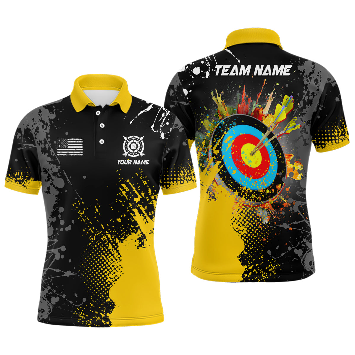 Personalized Paint Yellow 3D Target Archery Polo Shirts For Men Custom Name Archery Jerseys Attire TDM1191