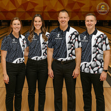 Load image into Gallery viewer, Bowling team wearing matching blue tribal pattern bowling jerseys during league matches front view.