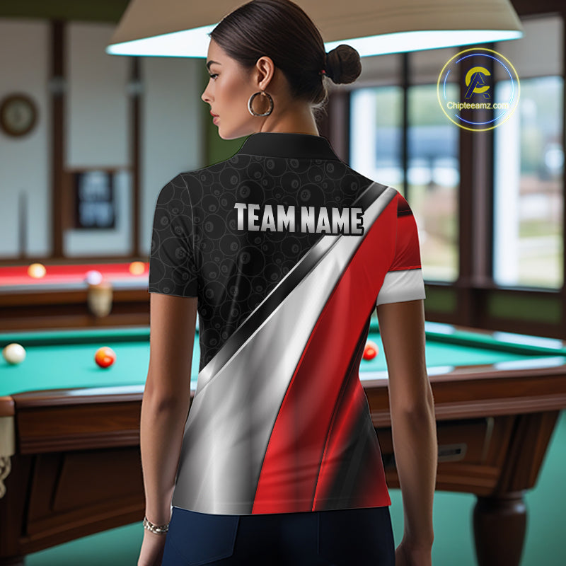 Custom Black, Red And Silver 8 Ball Pool Billiard Jersey For Women, Billiard Tournament Team Shirts TDM7163