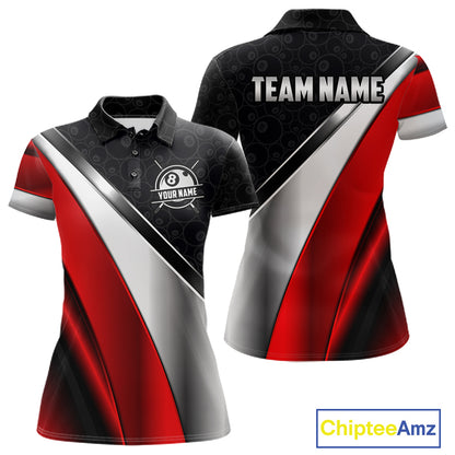 Custom Black, Red And Silver 8 Ball Pool Billiard Jersey For Women, Billiard Tournament Team Shirts TDM7163