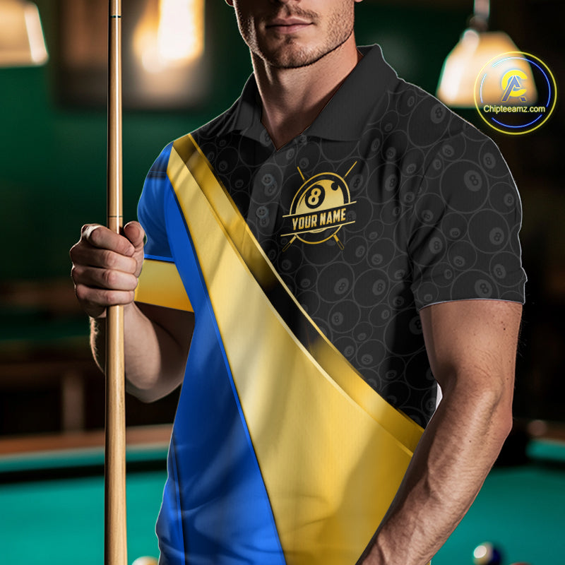 Personalized Blue And Gold 8 Ball Pool Billiard Jersey For Men, Billiard Tournament Team Shirts TDM7164