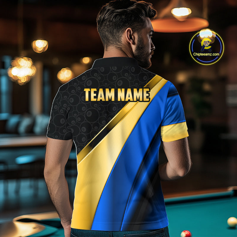 Personalized Blue And Gold 8 Ball Pool Billiard Jersey For Men, Billiard Tournament Team Shirts TDM7164
