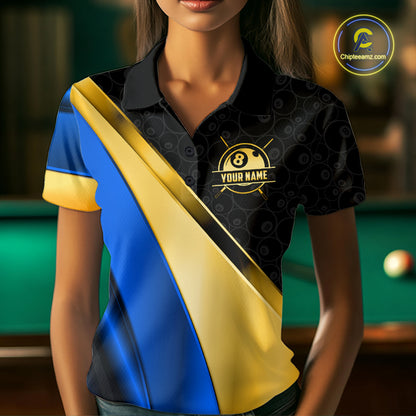 Personalized Blue And Gold 8 Ball Pool Billiard Jersey For Women, Billiard Tournament Team Shirts TDM7164