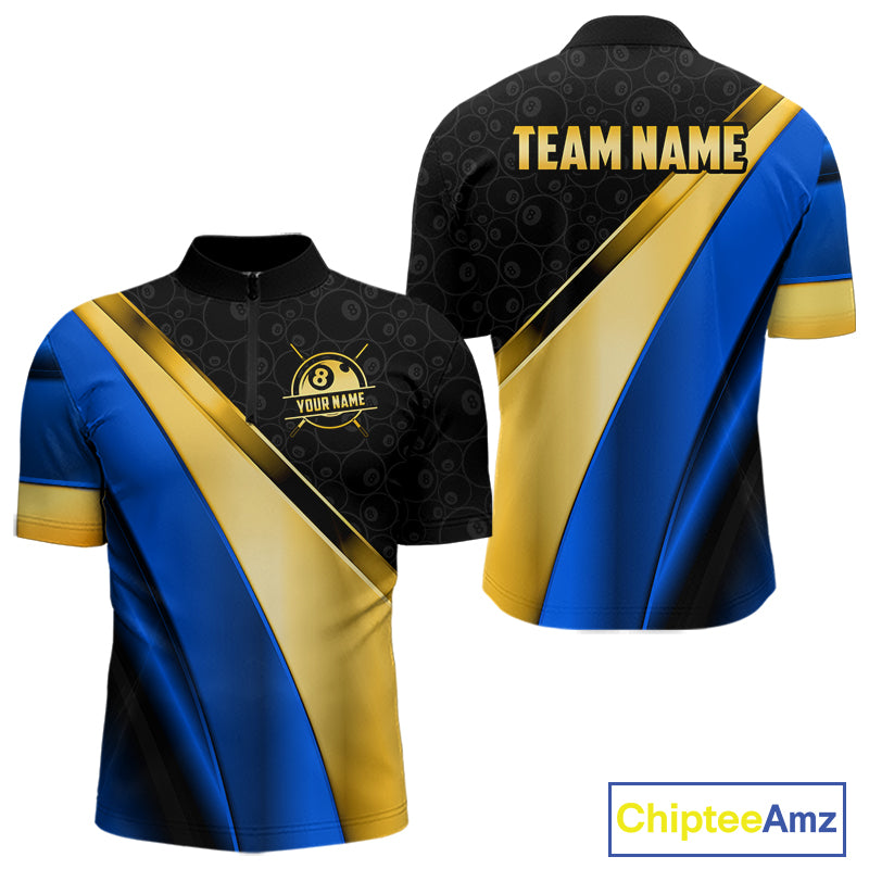 Personalized Blue And Gold 8 Ball Pool Billiard Jersey For Men, Billiard Tournament Team Shirts TDM7164