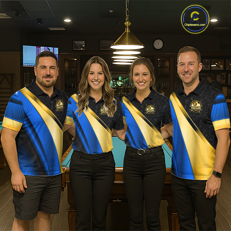 Personalized Blue And Gold 8 Ball Pool Billiard Jersey For Women, Billiard Tournament Team Shirts TDM7164