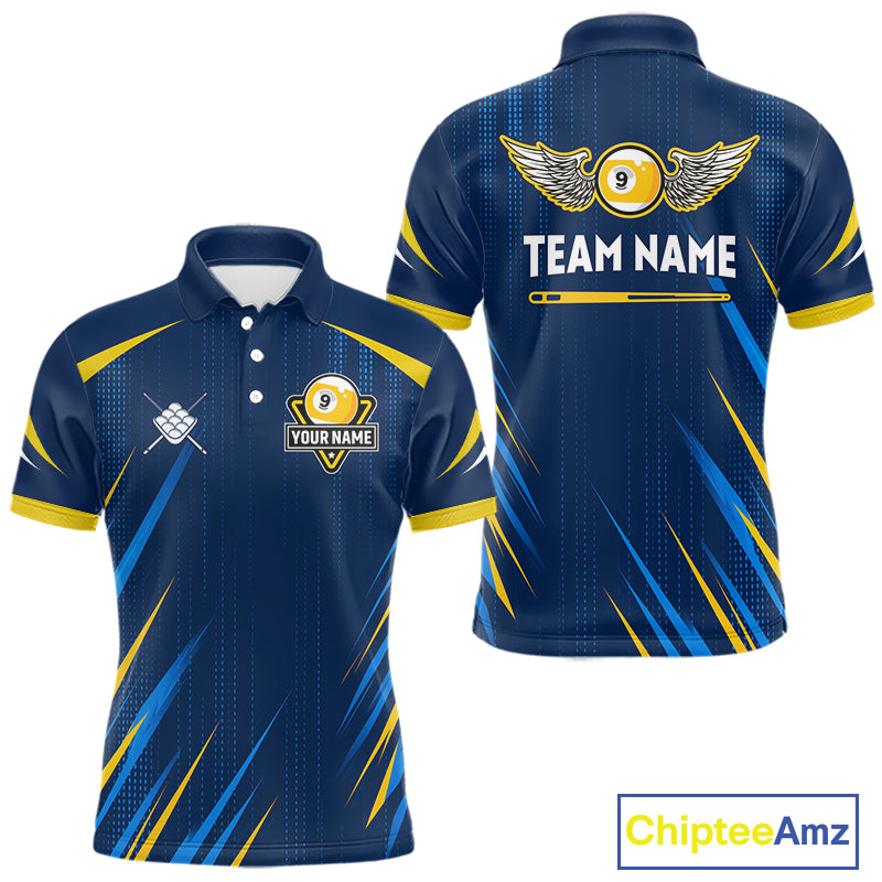 Personalized Blue Yellow 9 Ball Wings Men's Billiard Shirts Custom 9 Ball Pool Team Jersey TDM7167
