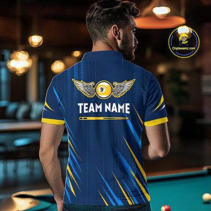 Personalized Blue Yellow 9 Ball Wings Men's Billiard Shirts Custom 9 Ball Pool Team Jersey TDM7167