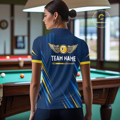 Personalized Blue Yellow 9 Ball Wings Women's Billiard Shirts Custom 9 Ball Pool Team Jersey TDM7167
