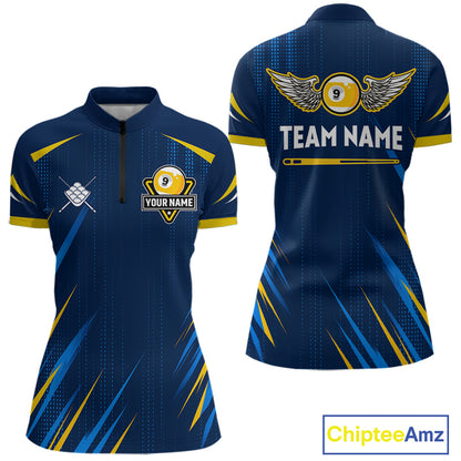 Personalized Blue Yellow 9 Ball Wings Women's Billiard Shirts Custom 9 Ball Pool Team Jersey TDM7167