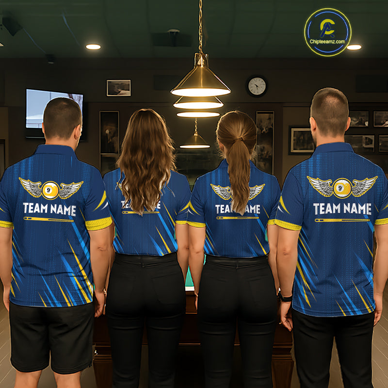 Personalized Blue Yellow 9 Ball Wings Men's Billiard Shirts Custom 9 Ball Pool Team Jersey TDM7167