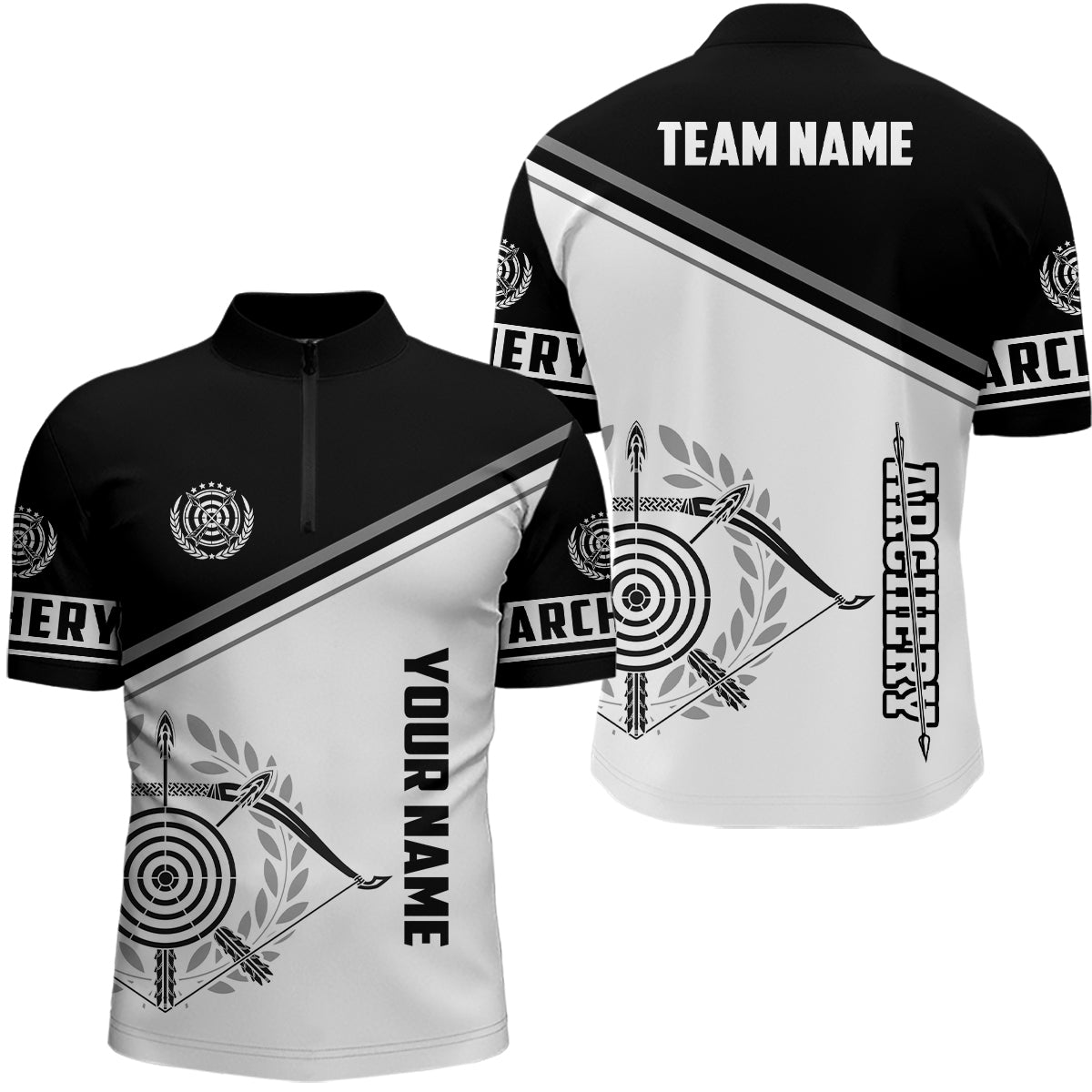 Personalized Black White Archery Bow 3D Quarter-Zip Shirts For Men, Archery Team Uniform TDM0519