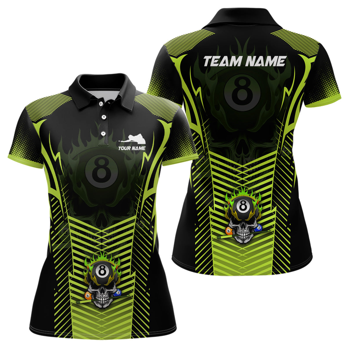 Custom Green Neon Billiard Balls 3D Skull Polo Shirts For Women, 8 Ball Pool Jerseys Shirts TDM0696