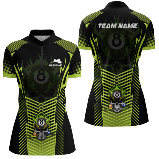 Custom Green Neon Billiard Balls 3D Skull Women Quarter-Zip Shirt 8 Ball Pool Jerseys Shirts TDM0696
