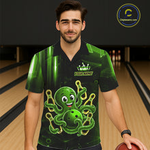 Load image into Gallery viewer, Man wearing green funny neon octopus bowling Hawaiian shirt front view.