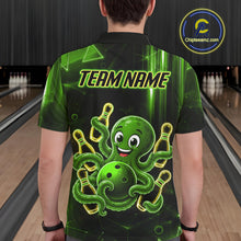 Load image into Gallery viewer, Man wearing green funny neon octopus bowling polo shirt back view.