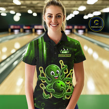 Load image into Gallery viewer, Woman wearing green funny neon octopus bowling polo shirt front view.