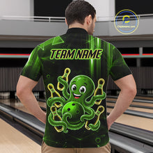 Load image into Gallery viewer, Man wearing green funny neon octopus bowling quarter zip shirt back view.