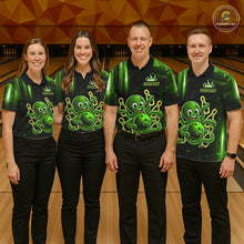 Load image into Gallery viewer, Bowling team wearing matching green funny neon octopus bowling jerseys front view.