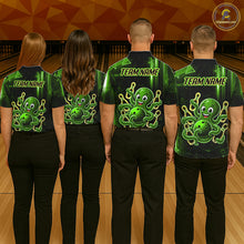Load image into Gallery viewer, Bowling team wearing matching green funny neon octopus bowling jerseys back view.