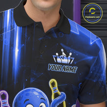 Load image into Gallery viewer, Close-up of the collar, buttons and chest detail on the blue funny neon octopus bowling polo shirt for men.