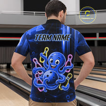 Load image into Gallery viewer, Man wearing blue funny neon octopus bowling quarter zip shirt back view.